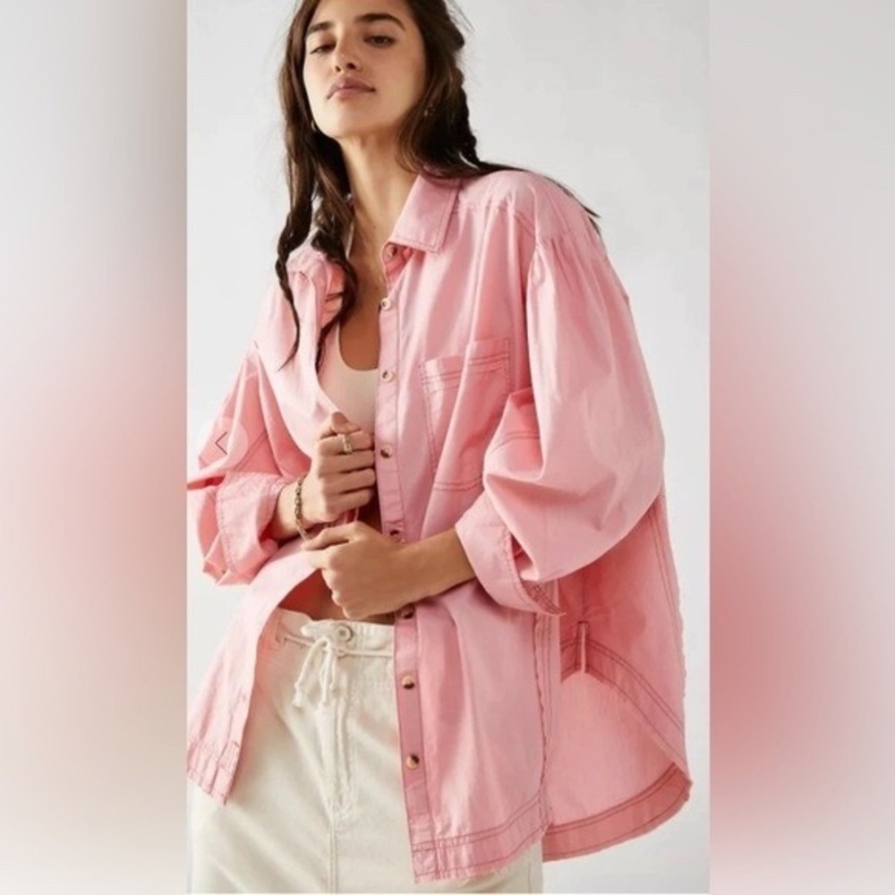 We The Free NEW Women's Happy Hour Pink Oversized Poplin Button Up Shirt- XS
